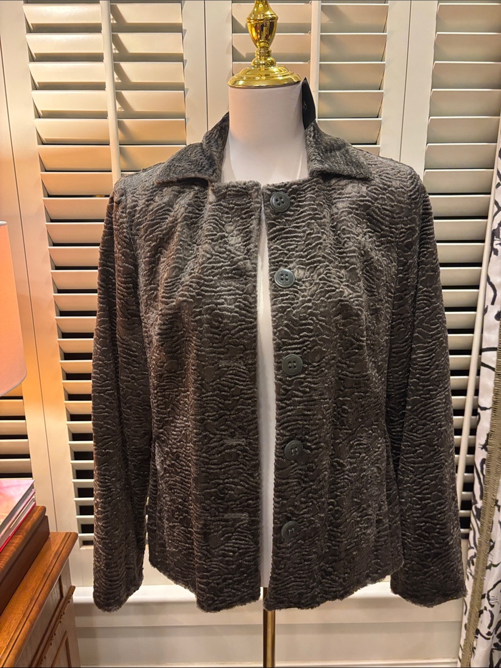 Textured Button-Front Teddy Jacket in Charcoal Gray